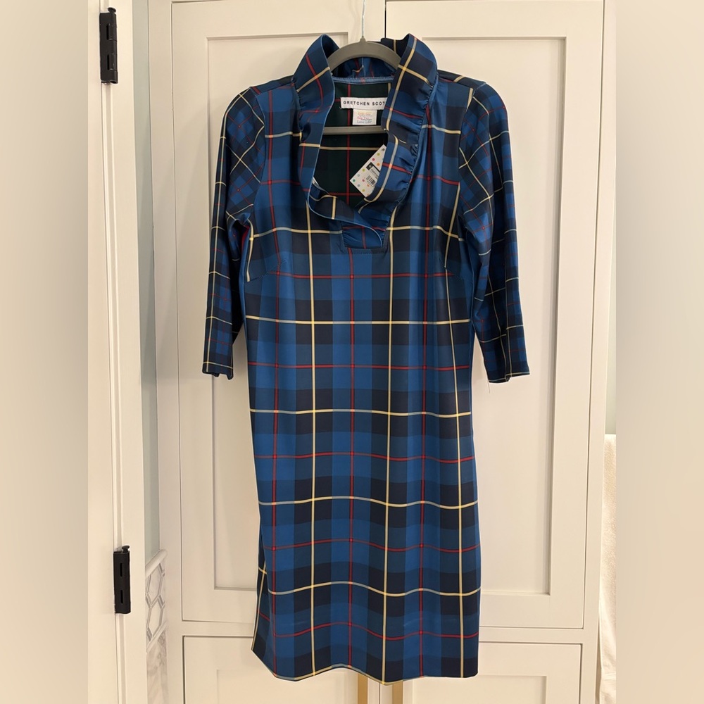GRETCHEN SCOTT RUFFLE NECK DRESS - PLAIDLY COOPER - BLUE PLAID